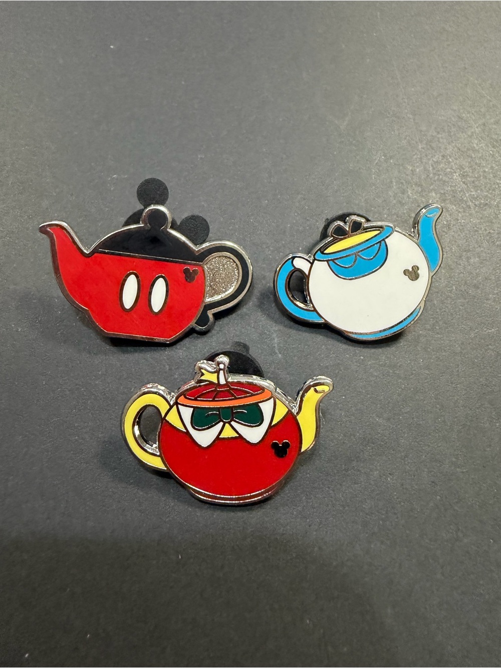 Disney Teapot Enamel Pin Trio — Red, White, Blue & Yellow